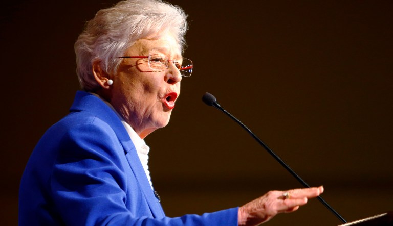 In this June 5, 2018, file photo, Alabama Gov. Kay Ivey speaks to supporters at her watch party after winning the Republican nomination for governor, at a hotel in Montgomery, Ala.