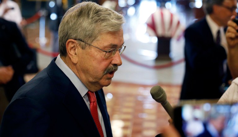 U.S. Ambassador to China and former Iowa Gov. Terry Branstad speaks to reporters following a memorial service for former Iowa Gov. Robert Ray, Thursday, July 12, 2018, at the Statehouse in Des Moines, Iowa.