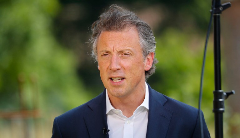 Tom Newton Dunn, political editor of the Sun Newspaper, is seen speaking to Fox Television News network at Chequers, in Buckinghamshire, England.