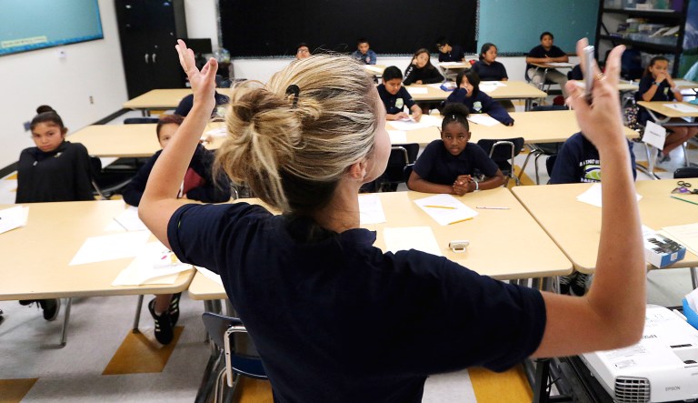 Teacher Zara Gibbon gestures while teaching a group of incoming sixth-graders at Animo Westside Charter Middle School during a summer session to introduce new students to the school they will attend in the fall, in the Playa Del Rey area of Los Angeles.