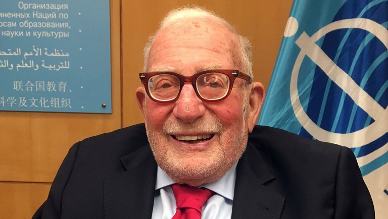 American oceanographer Walter Munk poses before delivering the Roger Revelle Memorial Lecture at the UNESCO's Headquarters in Paris, France.