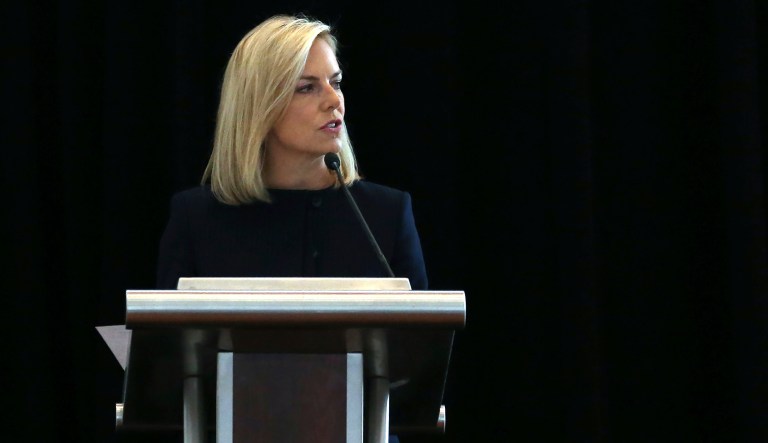U.S. Department of Homeland Security Secretary Kirstjen Nielsen addresses a convention of state secretaries of state, Saturday, July 14, 2018, in Philadelphia. Nielsen told the gathering that there are no signs that Russia is targeting this year's midterm elections with the same "scale or scope" it targeted the 2016 presidential election.
