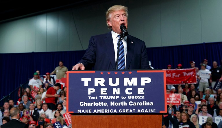 In a Oct. 14, 2016 file photo, Republican presidential candidate Donald Trump speaks during a campaign rally, in Charlotte, N.C.