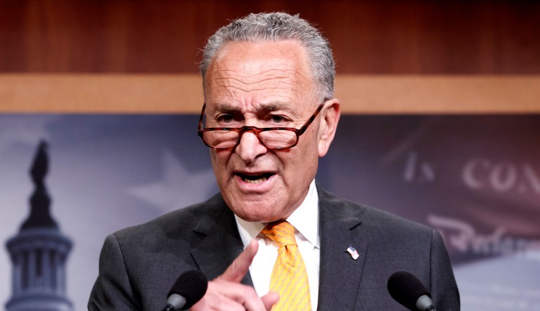 Senate Minority Leader Chuck Schumer, D-N.Y., criticizes President Trump as he speaks to reporters on Capitol Hill in Washington.