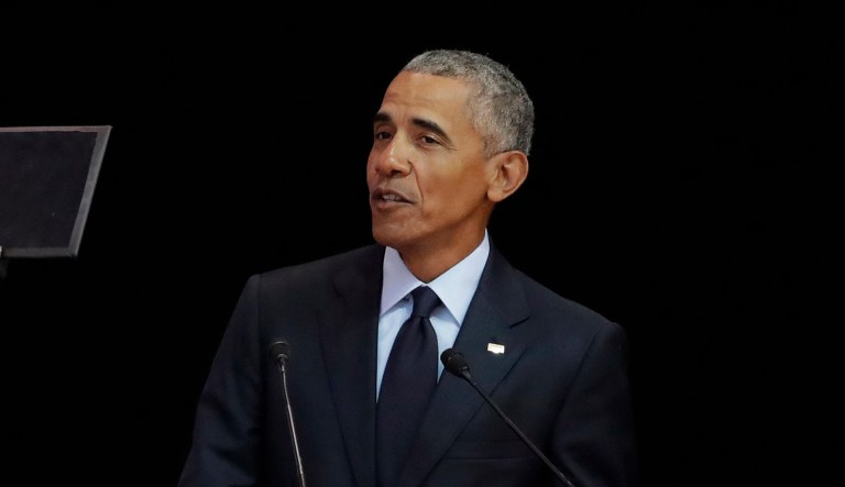 Former U.S. President Barack Obama delivers his speech at the 16th Annual Nelson Mandela Lecture at the Wanderers Stadium in Johannesburg, South Africa, on July 17, 2018.