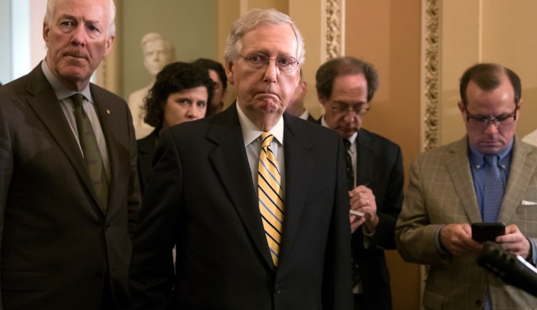 Senate Majority Leader Mitch McConnell, R-Ky., and Majority Whip John Cornyn, R-Texas, left, speaks to the media on Capitol Hill in Washington, Tuesday, July 17, 2018. McConnell says there is "indisputable evidence" Russia tried to affect the 2016 presidential election. He says the Senate understands the "Russia threat" and that is the "widespread view here in the United States Senate among members of both parties."