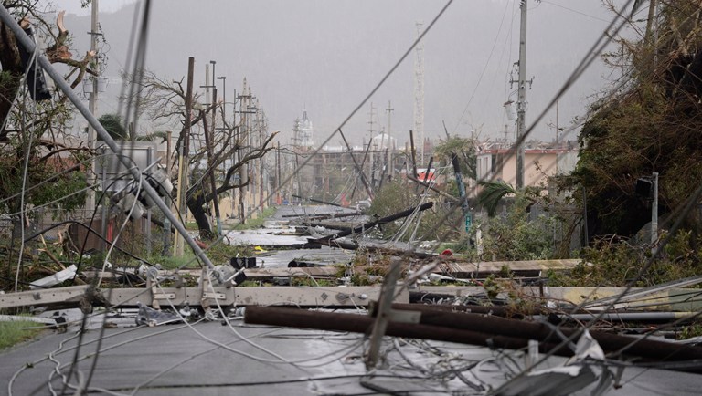 Electricity poles and lines lie toppled on the road after Hurricane Maria hit the eastern region of the island, in Humacao, Puerto Rico.