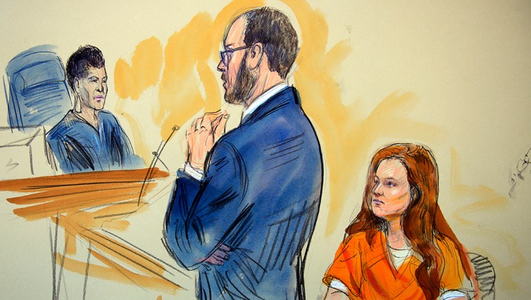This courtroom sketch depicts Maria Butina, a 29-year-old gun-rights activist suspected of being a covert Russian agent, listening in federal court.