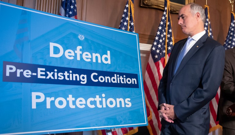 Sen. Bob Casey, D-Pa., arrives for a news conference to talk about efforts to defend health insurance protections for people with pre-existing conditions, Capitol Hill in Washington, Thursday, July 19, 2018.