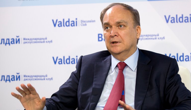Anatoly Antonov, Russian ambassador to the U.S. gestures while speaking during a round-table discussion on the Trump-Putin summit in Helsinki in Moscow, Russia.