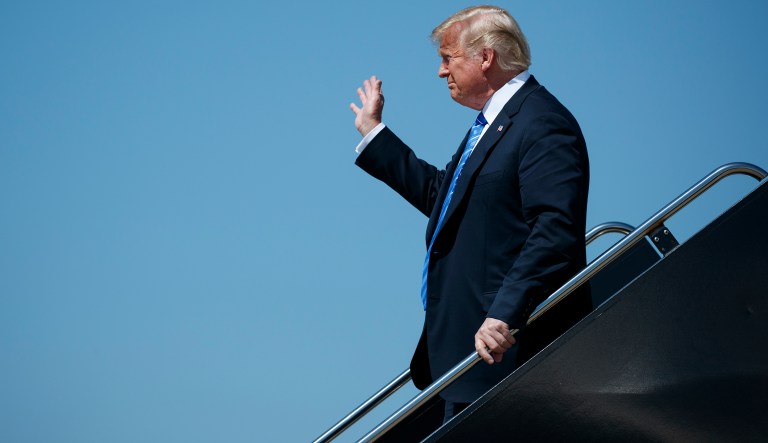 President Donald Trump arrives at Kansas City International Airport to attend the national convention of the Veterans of Foreign Wars, Tuesday, July 24, 2018, in Kansas City, Mo.