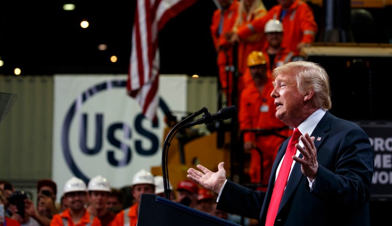 President Donald Trump speaks on trade at Granite City Works Steel Coil Warehouse, Thursday, July 26, 2018, Granite City, Ill.