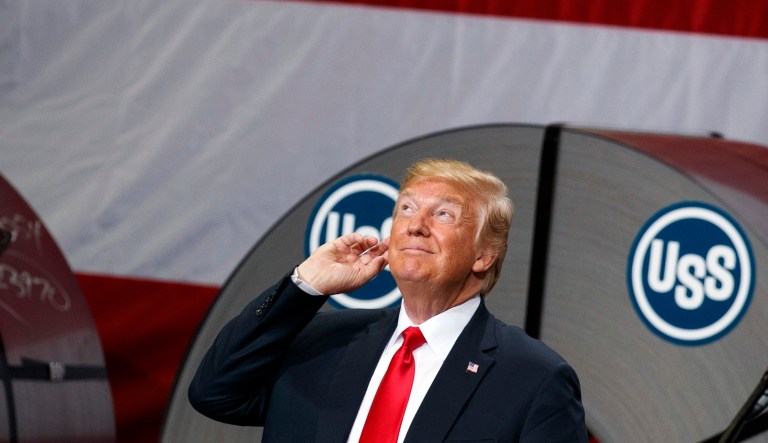 President Trump gestures as he arrives to speak on trade at Granite City Works on July 26, 2018, Granite City, Ill.