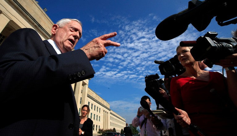 Jim Mattis speaks to reporters.