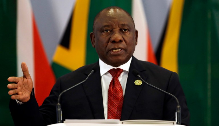 South African President Cyril Ramaphosa addresses a media conference at the end of the BRICS Summit in Johannesburg, South Africa, on July 27, 2018.