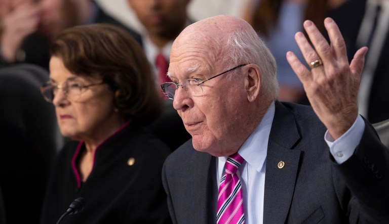 Sen. Patrick Leahy, D-Vt., joined at left by Sen. Dianne Feinstein, D-Calif., questions witnesses.