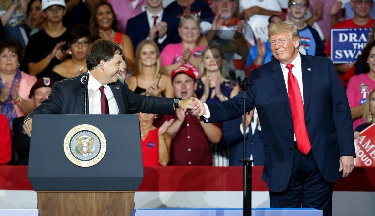 President Trump shakes hands with 12th Congressional District Republican candidate Troy Balderson. 