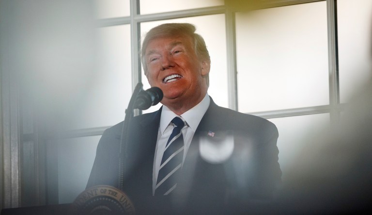 President Trump speaks before a dinner meeting with business leaders on Aug. 7, 2018, at Trump National Golf Club in Bedminster, N.J.