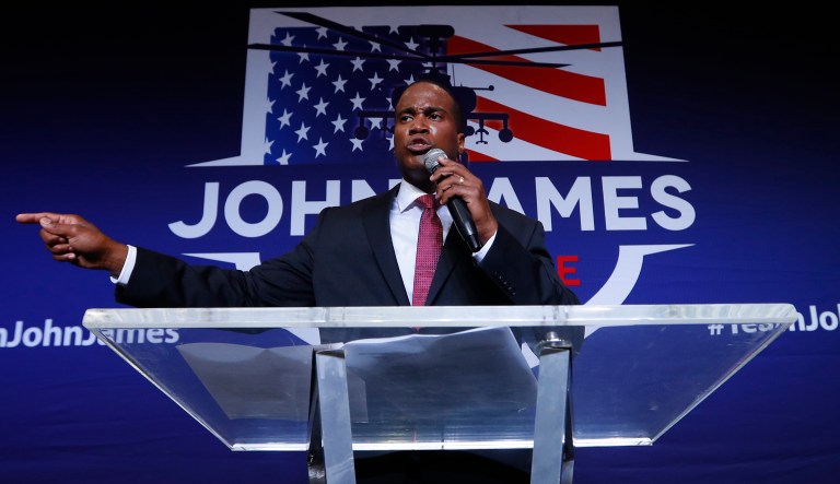Republican U.S. Senate candidate John James speaks at a primary night election party in Detroit, Tuesday, Aug. 7, 2018.