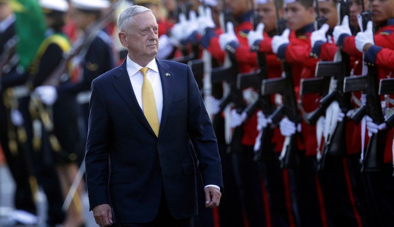 U.S. Secretary of Defense Jim Mattis receives military honors before his meeting with Brazil's defense minister, in Brasilia, Brazil, Monday, Aug. 13, 2018. Mattis has spent six days visiting South American countries, including Brazil, Argentina, Chile and Colombia.