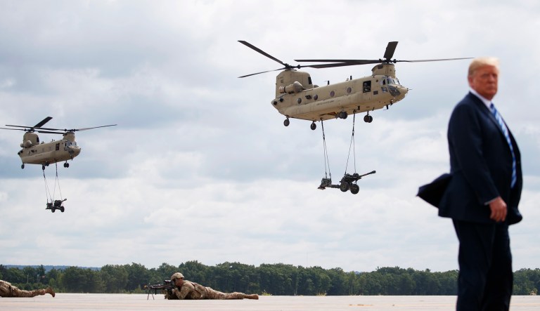 President Trump views air assault exercises at Fort Drum, N.Y., Monday, Aug. 13, 2018, before a signing ceremony for H.R. 5515, the "John S. McCain National Defense Authorization Act for Fiscal Year 2019."