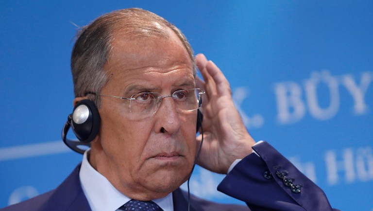 Russia's Foreign Minister Sergey Lavrov, listens to the translation during a joint new conference with Turkey's Foreign Minister Mevlut Cavusoglu, in Ankara, Turkey.