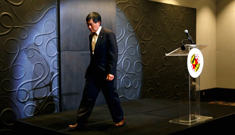 University of Maryland President Wallace Loh walks off stage after speaking at a news conference held to address the school's football program and the death of offensive lineman Jordan McNair, who collapsed on a practice field and subsequently died, in College Park, Md. Athletic director Damon Evans said Tuesday that âmistakes were madeâ in the treatment of McNair after he fell ill during a conditioning drill.   