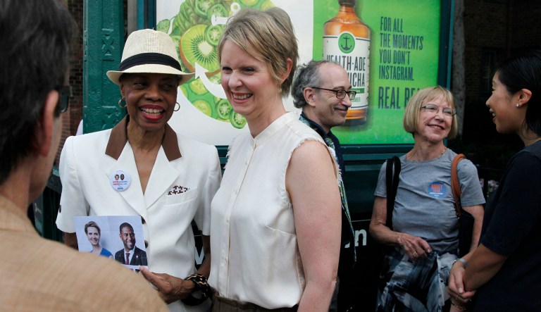 Democratic New York gubernatorial candidate Cynthia Nixon campaigns, Thursday, Aug. 16, 2018, in New York. Nixon faces incumbent Gov. Andrew Cuomo in the September primary.