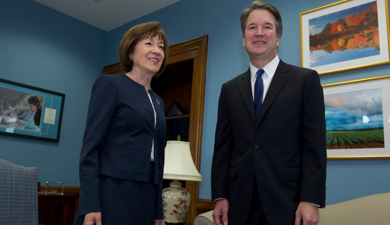 Sen. Susan Collins, R-Maine, meets with Supreme Court nominee Judge Brett Kavanaugh at her office, before a private meeting on Capitol Hill in Washington on Tuesday, Aug. 21, 2018.