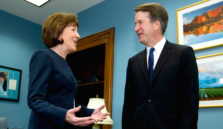 Sen. Susan Collins, R-Maine, speaks with Supreme Court nominee Judge Brett Kavanaugh at her office, before a private meeting on Capitol Hill in Washington on Tuesday.