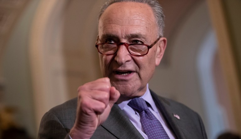 Senate Minority Leader Chuck Schumer, D-N.Y., speaks with reporters following the weekly Democratic policy meetings, at the Capitol in Washington, Tuesday, Aug. 21, 2018.