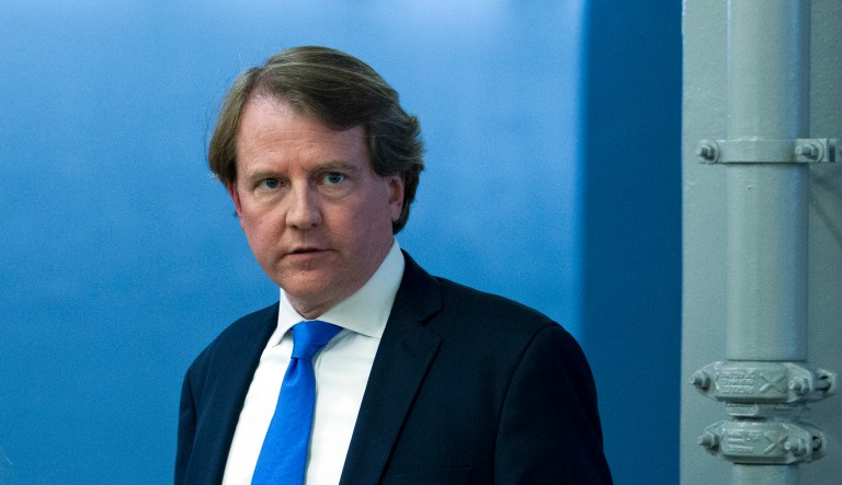 White House counsel Don McGahn walks to a meeting on Capitol Hill in Washington on Aug. 21, 2018.