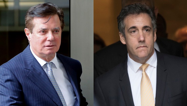 Paul Manafort leaves federal court in Washington, left and attorney Michael Cohen leaves federal court in New York.