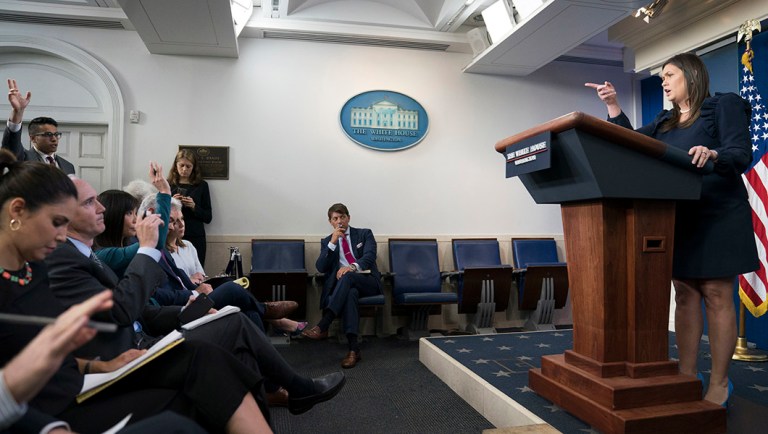 White House press secretary Sarah Sanders calls on a member of the media.