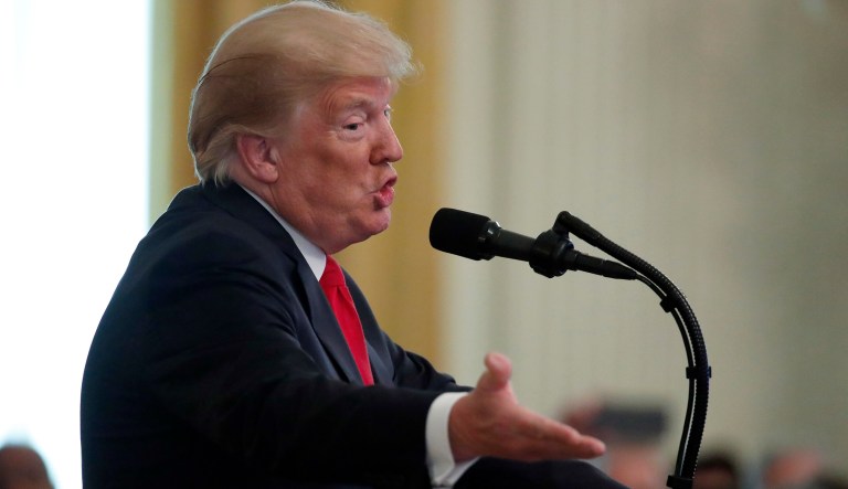President Donald Trump speaks during a Medal of Honor ceremony for Air Force Tech. Sgt. John A. Chapman, posthumously for conspicuous gallantry, during a ceremony in the East Room of the White House, Wednesday, Aug. 22, 2018, in Washington.