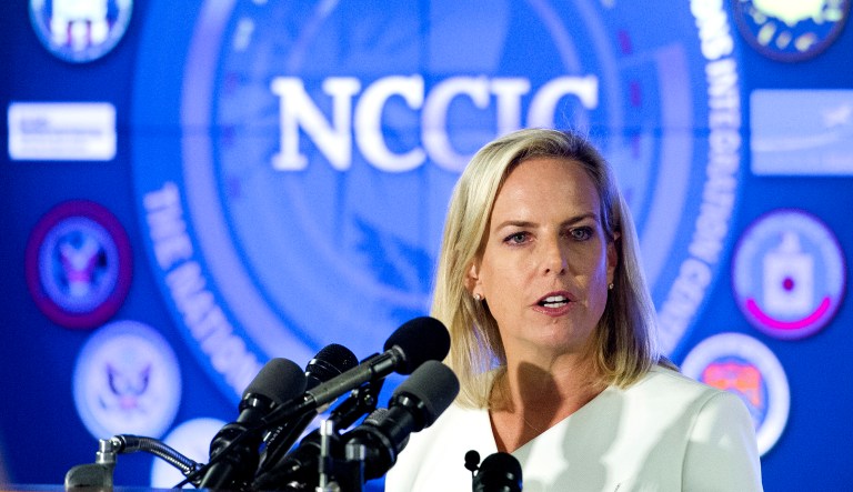 Homeland Security Secretary Kirstjen Nielsen speaks at the Department of Homeland Security's National Cybersecurity and Communications Integration Center in Arlington, Va.