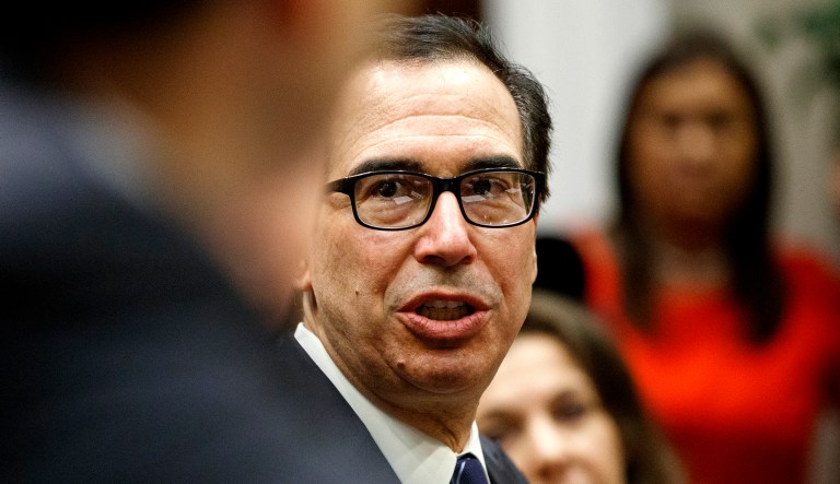 Treasury Secretary Steve Mnuchin speaks during a meeting at the White House in Washington, D.C.