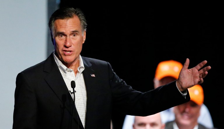 Former Republican presidential nominee Mitt Romney talks during an event in Utah.