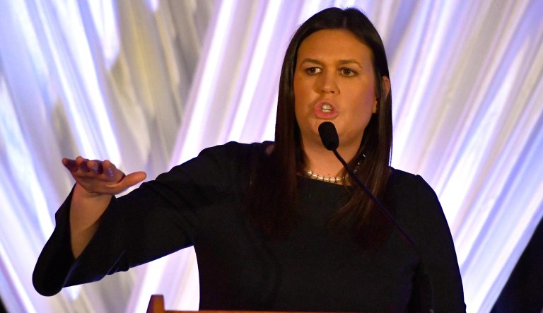 White House Press Secretary Sarah Huckabee Sanders addresses the audience during the Republican Party's Annual Lincoln Dinner, Saturday, Aug. 25, 2018, in Lexington, Ky.