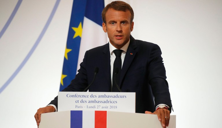 French President Emmanuel Macron delivers a speech during the annual French ambassadors' conference at the Elysee Palace in Paris, France, Monday, Aug. 27, 2018.