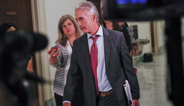 House Oversight Chairman Rep. Trey Gowdy, R-SC, center, arrives for a closed hearing to interview Justice Department official, Bruce G. Ohr, on Capitol Hill in Washington, Tuesday, Aug. 28, 2018. Ohr will be interviewed as part of an investigation into decisions made by the department in 2016.