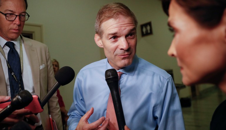 House Oversight Committee member Rep. Jim Jordan, R-Ohio., speaks to members of the media as he arrives for a closed hearing to interview Justice Department official, Bruce G. Ohr, on Capitol Hill in Washington, Tuesday, Aug. 28, 2018. Ohr will be interviewed as part of an investigation into decisions made by the department in 2016.