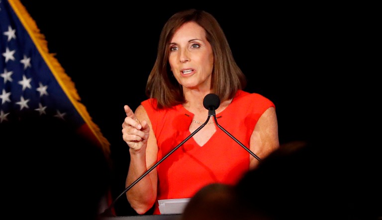 U.S. senatorial candidate and U.S. Rep. Martha McSally, R-Ariz., celebrates her primary election victory Tuesday in Tempe, Ariz.