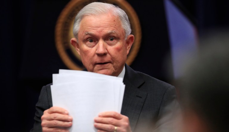 Attorney General Jeff Sessions speaks during a round table discussion with the Joint Interagency Task Force - South's (JIATF-S) Foreign Liaison Officers at the Department of Justice in Washington, Wednesday, Aug. 29, 2018. 