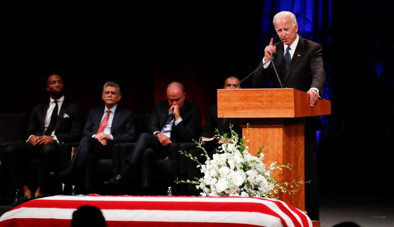 Former Vice President Joe Biden gives a tribute during memorial service at North Phoenix Baptist Church for Sen. John McCain, R-Ariz., on Thursday in Phoenix.
