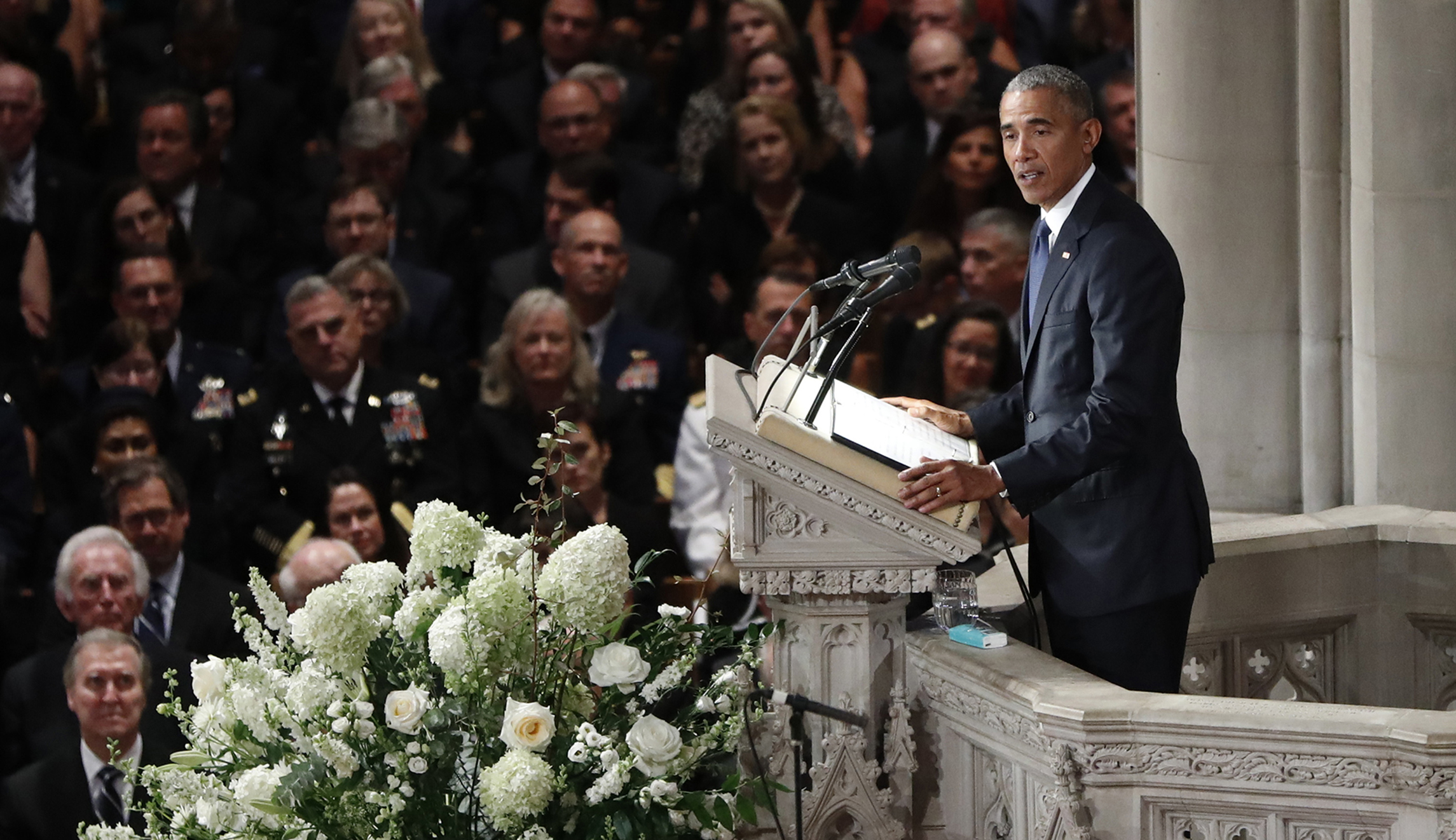 Former President Barack Obama speaks at a memorial service for Sen. John McCain, R-Ariz., at Washington National Cathedral in Washington on Saturday.