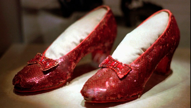 One of the four pairs of ruby slippers worn by Judy Garland in the 1939 film "The Wizard of Oz" on display during a media tour of the "America's Smithsonian" traveling exhibition.