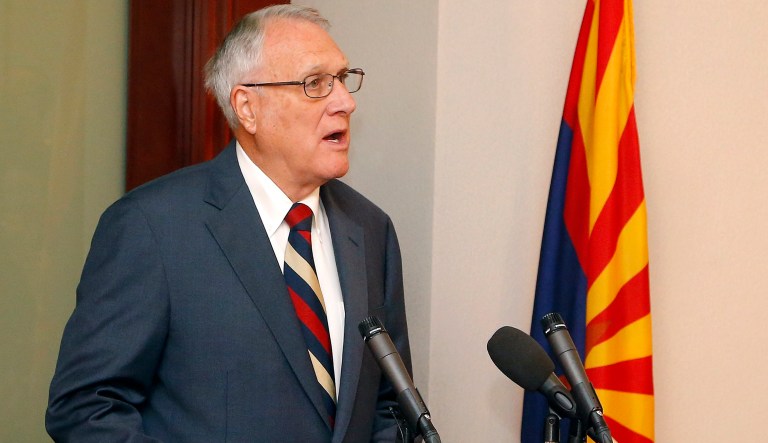 Former Sen. Jon Kyl, R-Ariz., talks about his appointment by Gov. Doug Ducey, R-Ariz., to fill Sen. John McCain's seat in the U.S. Senate at a news conference at the Arizona Capitol Tuesday, Sept. 4, 2018, in Phoenix.