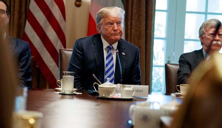 President Donald Trump listens during an expanded bilateral meeting with the Emir of Kuwait Sheikh Sabah Al Ahmad Al Sabah in the Cabinet Room of the White House, Wednesday, Sept. 5, 2018, in Washington.