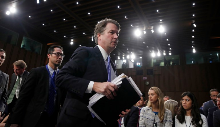 President Donald Trump's Supreme Court nominee, Brett Kavanaugh departs during a break in his testimony before the Senate Judiciary Committee on Capitol Hill in Washington, Thursday, Sept. 6, 2018, for the third day of his confirmation hearing to replace retired Justice Anthony Kennedy. 